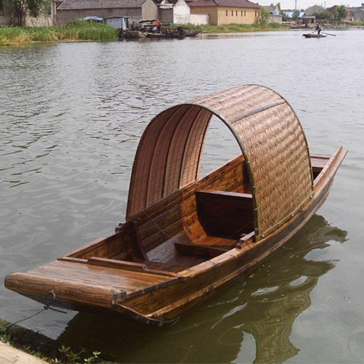 Chinese Traditional Wood Dark-awninged Boat Model Jiangnan Water